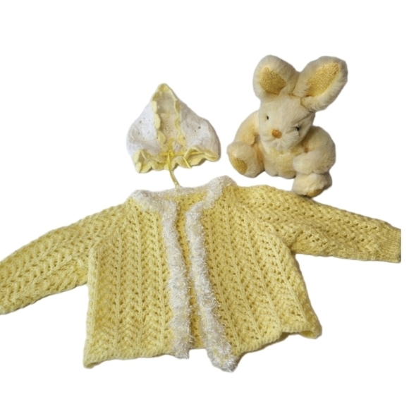 Hand Crafted Cardigan Crochet knit Set Yellow & white mesh lace knitting stitch - Picture 3 of 17